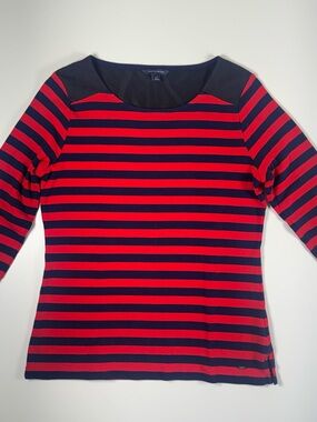 Tommy Hilfiger Red and Navy Striped Scoop Neck Long Sleeve Top